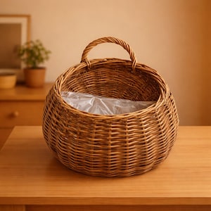 Könnte beinhalten: Ein runder Korb aus geflochtenem Weidengeflecht mit einem Griff. Der Korb hat eine warme braune Farbe und eine transparente Kunststoffauskleidung. Der Griff ist gedreht. Der Korb steht auf einer Holzoberfläche.