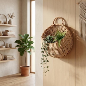May include: A circular wicker wall basket with a handle, containing green plants. The basket is fixed to a light wooden panel. Trailing vines spill from the basket, enhancing the natural aesthetic of the room.