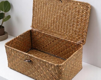 Panier de rangement en rotin tissé à la main - Organiseur rectangulaire en osier pour vêtements, jouets ou bureau à domicile - Corbeille de rangement décorative rustique