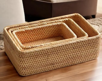 Handmade Rattan Storage Basket | Rectangular Woven Tray | Natural Organizer for Bathroom, Makeup, Clothes, or Living Room Decor.