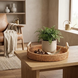May include: A round, woven rattan tray with wooden handles holds a potted fern and decorative items on a wooden coffee table. The fern is in a light-colored ceramic pot. The scene is set in a well-lit living room.