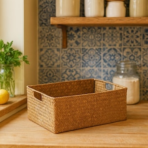 Puede incluir: Una cesta rectangular tejida en color marrón natural. La cesta tiene una superficie texturizada y asas recortadas en los laterales. Se encuentra sobre una superficie de madera, con una pared de azulejos azules y blancos al fondo.