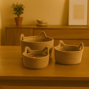 Cat Ear Storage Basket | Cute Toy Storage Bin for Kids Room or Nursery | Pet Toy Organizer for Cat Dog | Woven Rope Laundry Basket