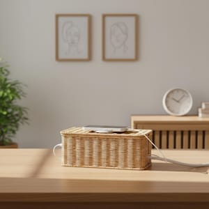 Puede incluir: Una caja de mimbre tejida con un teléfono inteligente encima, conectado a un cable de carga blanco. La caja está sobre un escritorio de madera, con un reloj y obras de arte en el fondo. La caja es de color beige natural.
