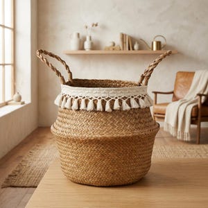 Macrame Seagrass Belly Basket with Tassels, Woven Storage Basket, Boho Plant Pot Cover, Laundry Hamper,  Decorative Basket for Home
