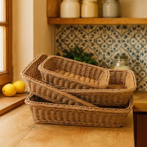 Rectangular Woven Rattan Basket | Rattan Tray Organizer | Storage for Bathroom, Bedroom, Closet, and Living Room | Shelf Bin | Home Decor