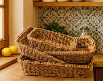 Rectangular Woven Rattan Storage Basket Tray for Makeup, Clothes, Bathroom, Kitchen or Living Room Organization and Home Decor Use Daily