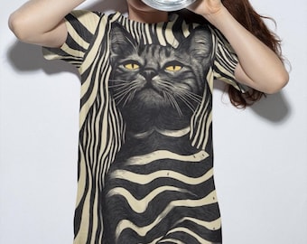 T-shirt dress Black Cat Zebra Print T-Shirt Dress Black Cat T-Shirt Dress Boho Artistic Statement Piece Black Cat T-Shirt Dress  Boho Style