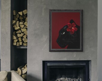Black Panther Wall Art  Red Flower Panther Poster  Digital Animal Print  Jungle Cat Decor  Printable Modern Home Art