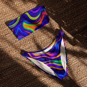 Psychedelic Bandeau Bikini Set – Colorful Festival Swimwear, Trippy High Cut Two Piece