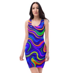 Bodycon dress Neon Psychedelic Bodycon Dress – Trippy Colorful Fitted Dress for Women – Festival Outfit – Abstract Art Summer Look