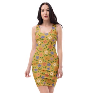 Floral Bodycon Dress – Mustard Yellow Summer Dress – Cottagecore Fitted Dress – Vintage Flower Print – Sleeveless Casual Dress