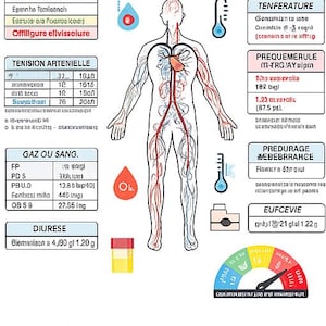 Puede incluir: Una tableta digital muestra una tabla médica titulada "Fiche IFSI - Paramètres vitaux". La tabla incluye signos vitales, un diagrama del cuerpo humano y el texto "PDF téléchargeable".