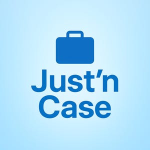 May include: A blue suitcase icon above the words "Just'n Case" in a bold, sans-serif font. The text and icon are in a deep blue color against a light blue gradient background.