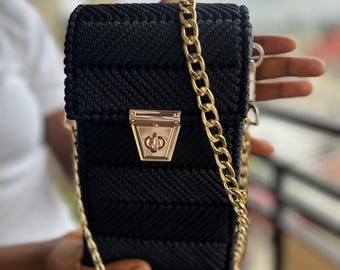 Elegant Black Handmade Crossbody Phone Bag with Gold Lock & Chain Handle