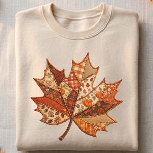 Faux Patchwork Maple Leaf Sweatshirt, Floral Fall Crewneck, Cottagecore Autumn Pullover for Women, Fall Shirt, Thanksgiving Gift