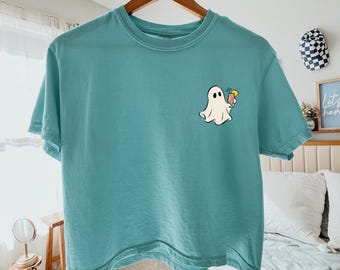 Comfort Colors® Summer Ghost Boxy Tee, Halloween Summer Crop Top, Spooky Beach Shirt, Ghost Beach Tee