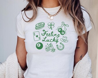 Feeling Lucky Baby Tee, St Patricks Day Baby Tee, St Patty's Day Shirt, Y2K Trendy 90's Baby Tee, 2000s Baby Tee, Lucky 7 Shirt Coquette Tee