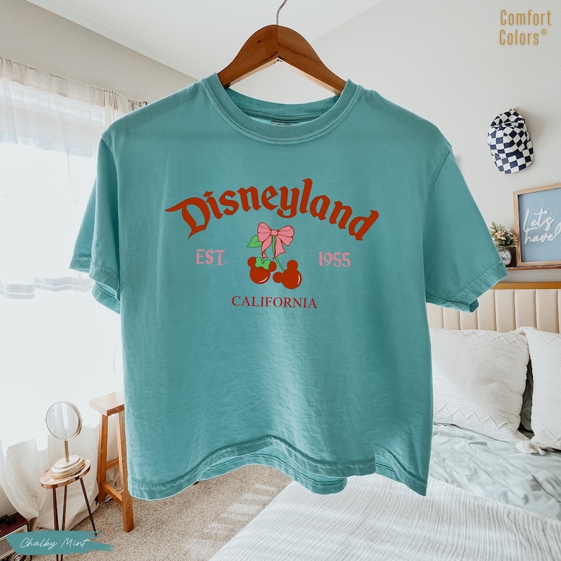 May include: A turquoise t-shirt with the word "Disneyland" in red script. Below the word is "EST. 1955 CALIFORNIA" in red. The shirt is hanging on a wooden hanger.