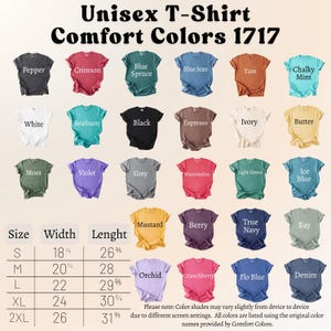 May include: A display of various Comfort Colors unisex t-shirts in multiple colors, including Pepper, Crimson, and Blue Spruce. The image includes a size chart with measurements in inches and the text "Unisex T-Shirt Comfort Colors 1717".