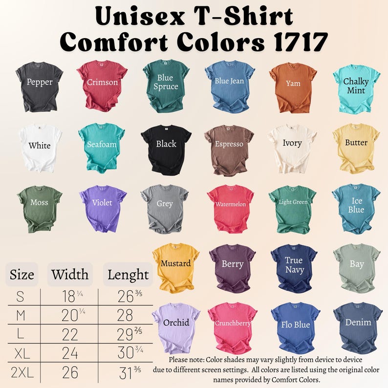 May include: A display of various Comfort Colors unisex t-shirts in multiple colors, including Pepper, Crimson, and Blue Spruce. The image includes a size chart with measurements in inches and the text "Unisex T-Shirt Comfort Colors 1717".