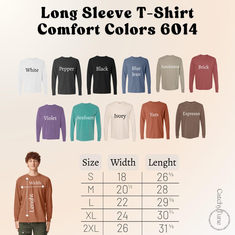 K&ouml;nnte beinhalten: Verschiedene lang&auml;rmlige T-Shirts in Farben wie Wei&szlig;, Schwarz und Blue Jean. Eine Gr&ouml;&szlig;entabelle mit Ma&szlig;en in Zoll ist enthalten, mit Breiten von 18 Zoll bis 26 Zoll und L&auml;ngen von 26,625 Zoll bis 31,625 Zoll.