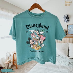 May include: Teal-colored t-shirt featuring a Disneyland graphic with Mickey Mouse, Minnie Mouse, Donald Duck, Daisy Duck, Goofy, and Pluto. The text "Disneyland Est 1955 California" is printed in black. The shirt is hanging on a wooden hanger.