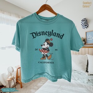 Puede incluir: Una camiseta turquesa con un gr&aacute;fico de Minnie Mouse y la palabra "Disneyland" en escritura negra. El gr&aacute;fico incluye el texto "Est 1955" y "California". La camiseta est&aacute; colgada de una percha de madera.