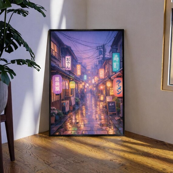 Tokyo Night Street Print Rain Lanterns Vintage Japan Wall Art