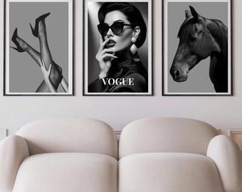 Set di stampe di moda Vogue: donna in bianco e nero, tacchi, cavallo (download digitale)