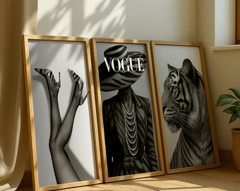 Set di 3 stampe di moda in bianco e nero: Vogue, Tiger, Heels (download digitale)