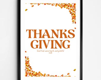 Thanksgiving Wall Art Print | Autumn Leaves & Gratitude Quote | Modern Fall Decor | Digital Download