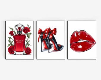 Red Glam Fashion Wall Art Set: Perfume, Heels, Lips (Digital Prints PDF)