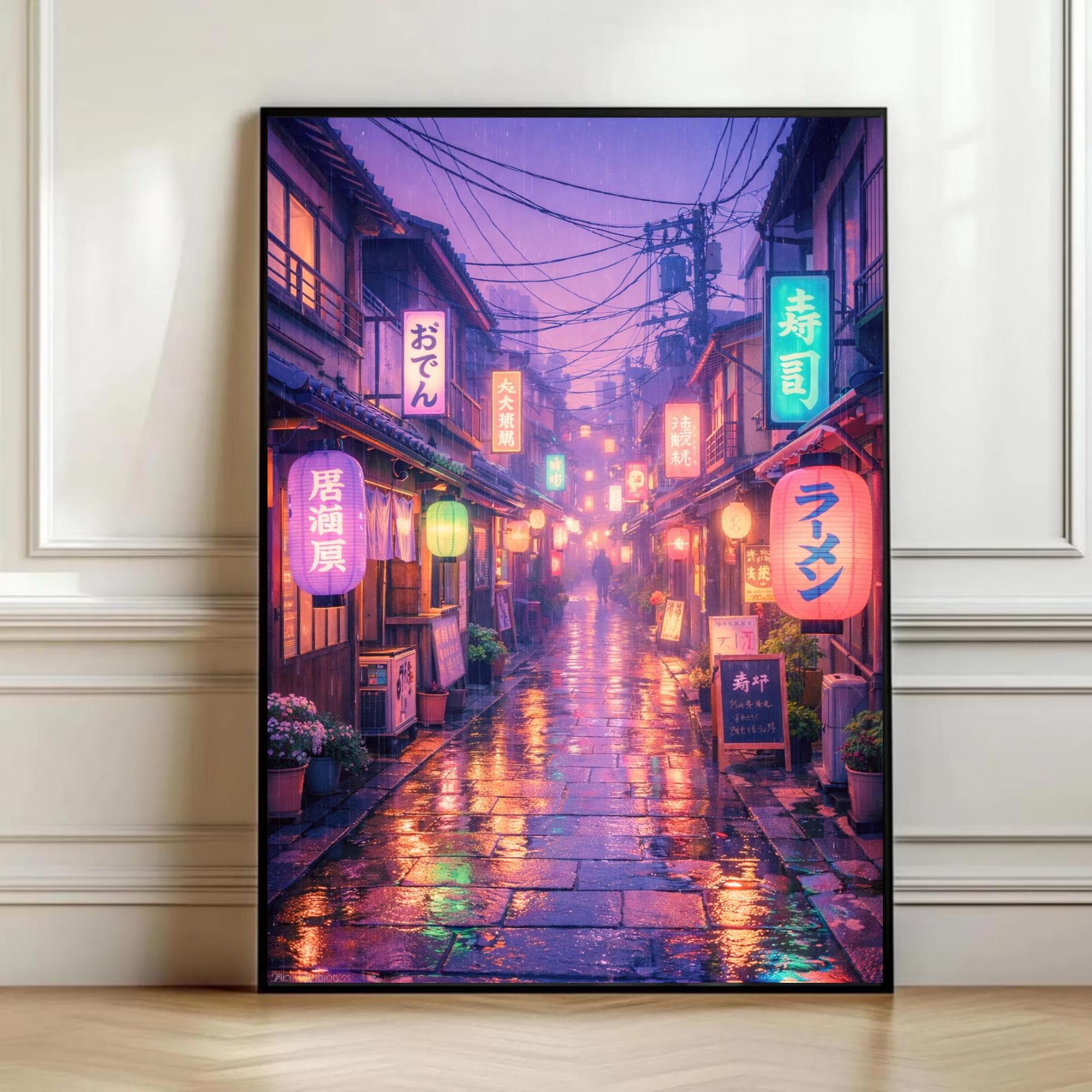 タァ〜 レトロライトアップサイン ART Tokyo Night Street Print Rain Lanterns Vintage Japan Wall Art