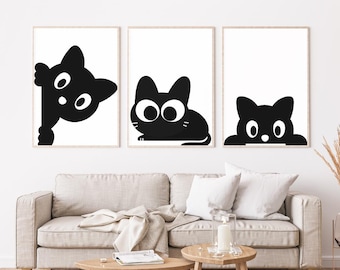 Minimalist Black Cat Art Prints: Scandinavian Nursery Decor (Digital Download Set of 3)
