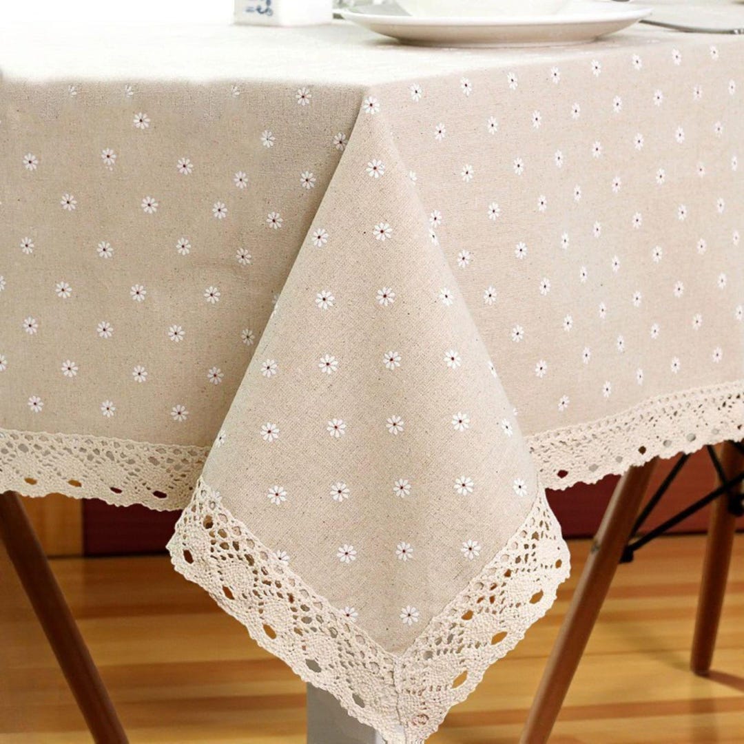 Daisy Flower Tablecloth Linen Cotton – Rectangular Table Cover for ...