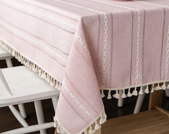 Tassel Tablecloth Cotton Linen, Rustic Linen Table cloth, Kitchen Dining Room Decor