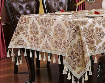 Embroidered Jacquard Tablecloth with Tassels, Elegant Dining Decor