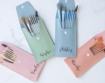Personalized Makeup Brush Set: Leather Travel Bag, 8-Piece Beauty Kit