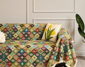 Bohemian Jacquard Cotton Linen Sofa Cover, Boho Couch Protector, Anti-Scratch Sofa, Throw Blanket, All-Season Furniture Cover