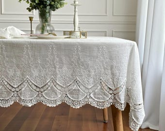 Vit broderad spetsduk – 100 % bomullsduk, lyxig bröllops- och hemduk