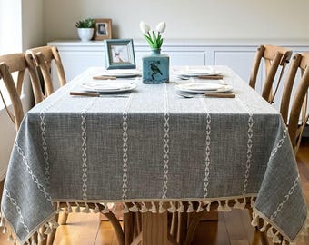 Tassel Tablecloth Cotton Linen, Rustic Linen Table cloth, Kitchen Dining Room Decor