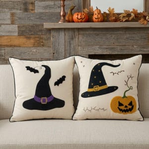 Funda de almohada de Halloween, funda de almohada bordada con sombrero de bruja, funda de almohada de calabazas, decoración de Halloween para el hogar