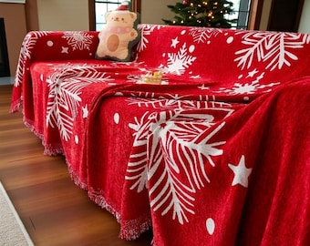 赤いクリスマスソファカバー – ソファ用クリスマススローブランケット、ホームデコレーション、ユニバーサルソファプロテクター
