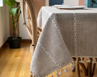 Tassel Tablecloth Cotton Linen, Rustic Linen Table cloth, Kitchen Dining Room Decor