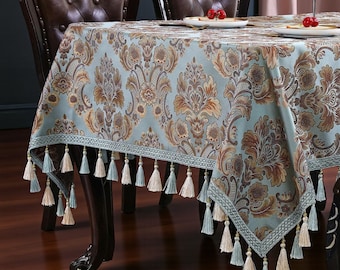 European Jacquard Tablecloth with Tassels, Embroidered Rectangular Table Cloth, Dustproof Dining Table Cover, Elegant Kitchen Decor
