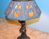 Antique Orange Slag Glass Lamp Cherub Filigree Lace Slant 8 Panel Lead Shade Octagonal