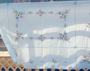 Hand Embroidered Tablecloth Morning Glories Large 80 x 64 with 8 Embroidered Napkins Vintage