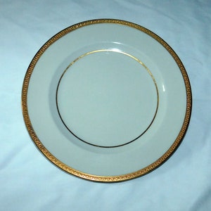 May include: A white ceramic plate with a gold rim and a gold band around the center. The plate is on a light blue background.