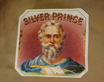 Vintage Silver Prince Cigar Box Label 4.5 x 4.5 Inches  Square 1920s Great Colors Embossed with Gold Highlights